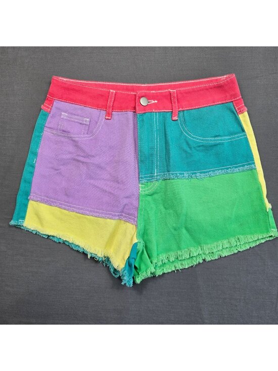 SHEIN Pants - Medium 6 High-Waisted Pastel Colorblock Denim Shorts Festival Rave Frayed Hem